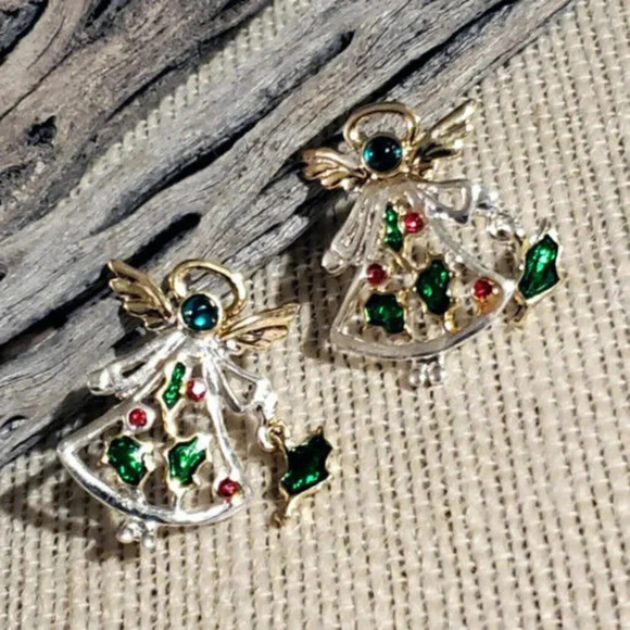 Christmas Angel Crystal and Enamel Stud Post Earrings Silver Gold Red Green - Picture 1 of 5